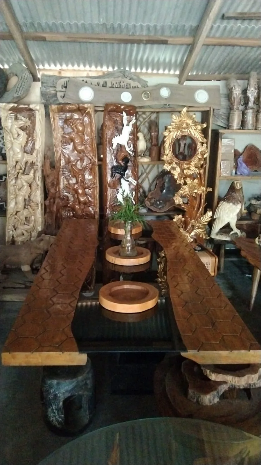 Meja Makan 240x120 Teak Mix Riben Glass