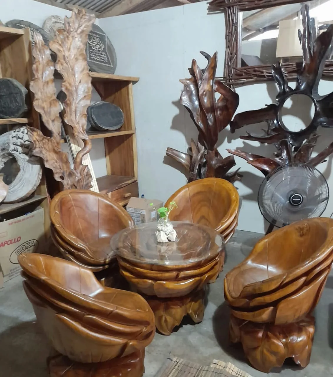 Set Mawar Bahan Suar Wood Meja Tamu 4+1